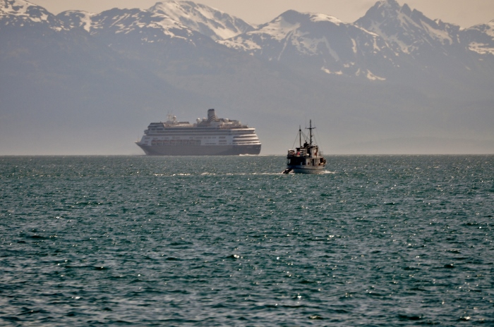 cruise ship and fishing boat on water